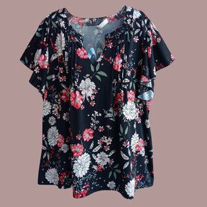 PerSeption Womens Top Blouse Short Flounce Sleeves Black Floral Print Size 2X